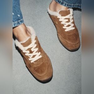 Zara Brown Split Leather Mule Sneakers With Faux Fur Womens Size 5